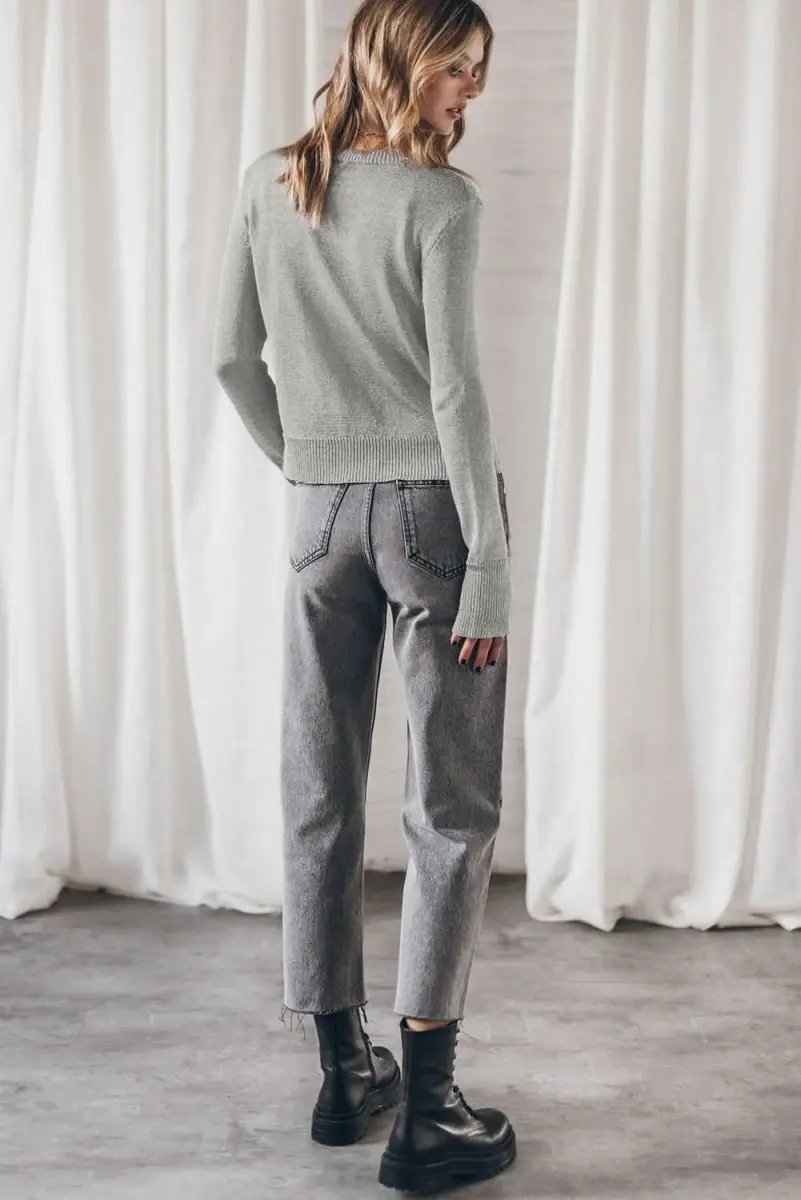 Versatile Gray Ribbed Edge Sweater with Thumbhole Sleeves - Love Salve